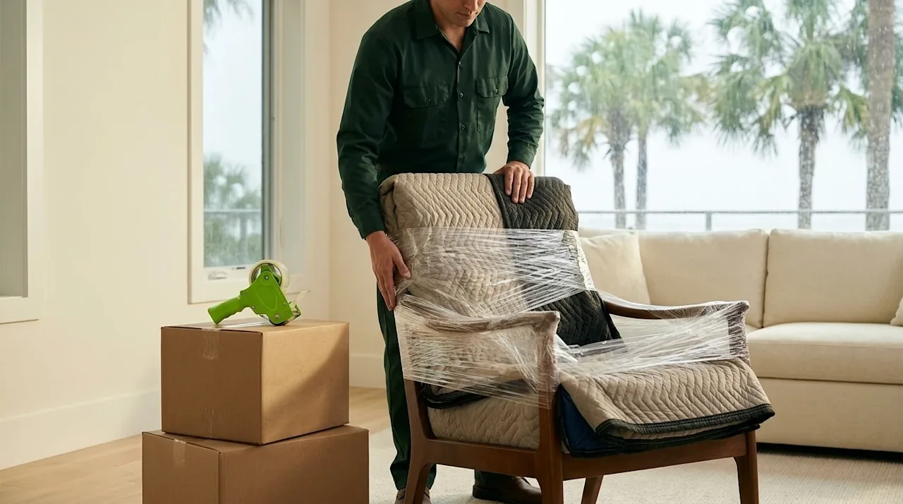 Professional marketing photography of an individual carefully weatherproofing a valuable wooden armchair in a bright, modern