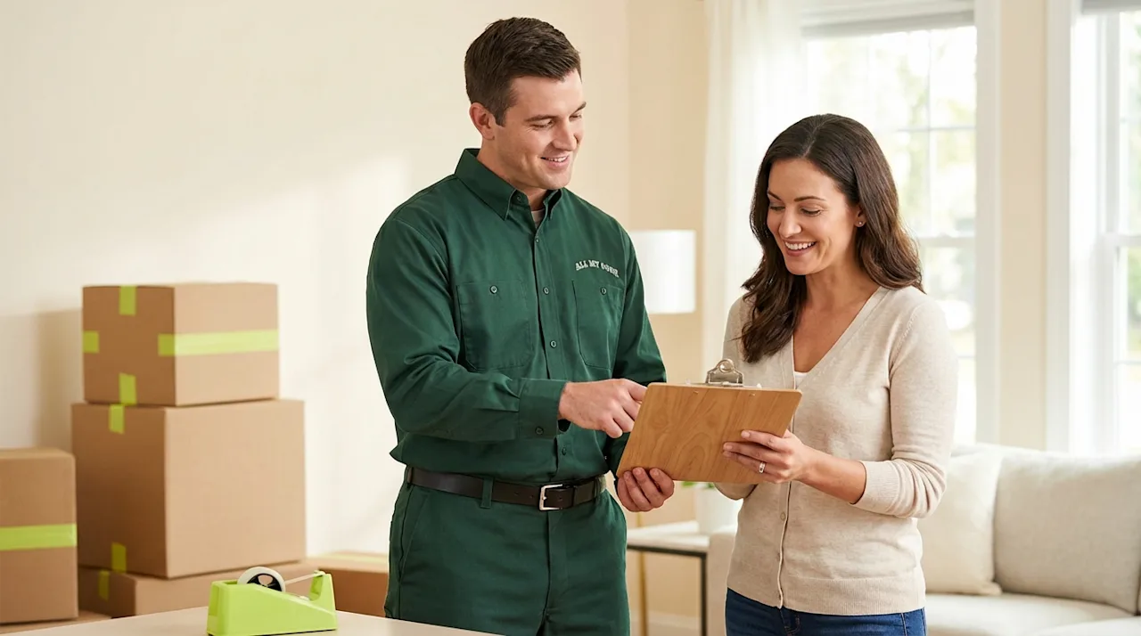 Friendly mover in a green uniform and homeowner review a checklist in a bright room filled with moving boxes.