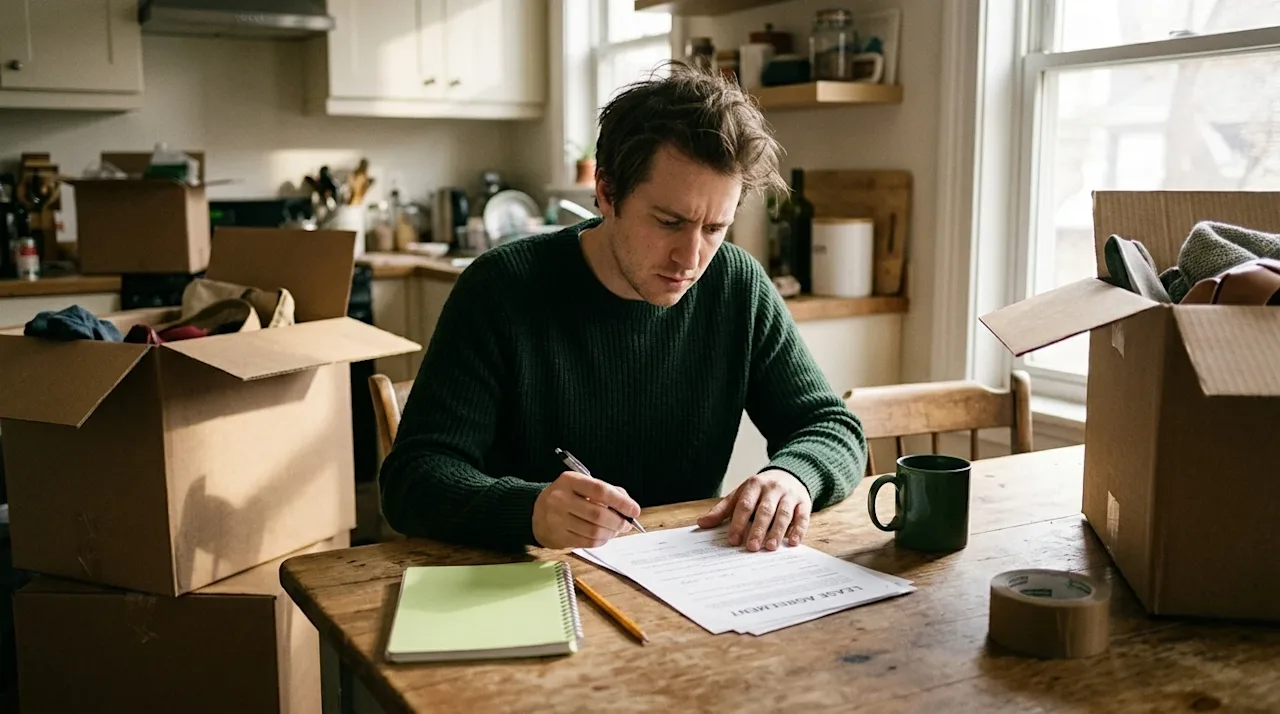 A realistic, candid lifestyle photograph of a concerned individual sitting at a kitchen table, looking thoughtfully at a mult