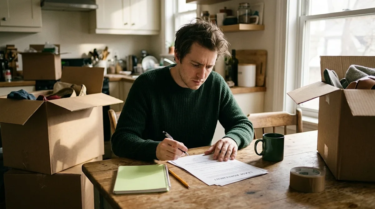 A realistic, candid lifestyle photograph of a concerned individual sitting at a kitchen table, looking thoughtfully at a mult