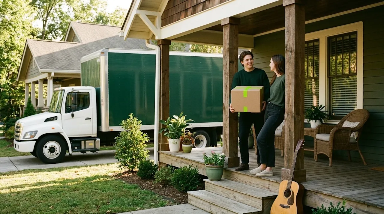Candid lifestyle photography of a happy couple standing on the wooden front porch of a charming, welcoming craftsman-style ho