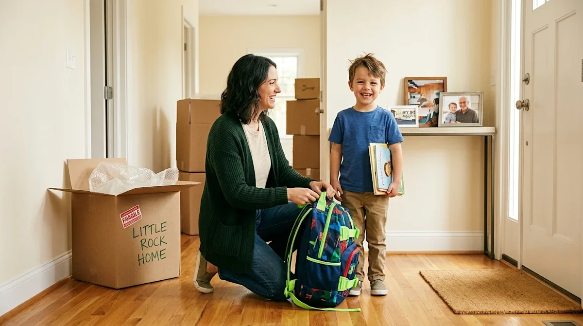 Professional marketing photography, clear and borderless. A candid, heartwarming shot of a smiling mother kneeling to adjust