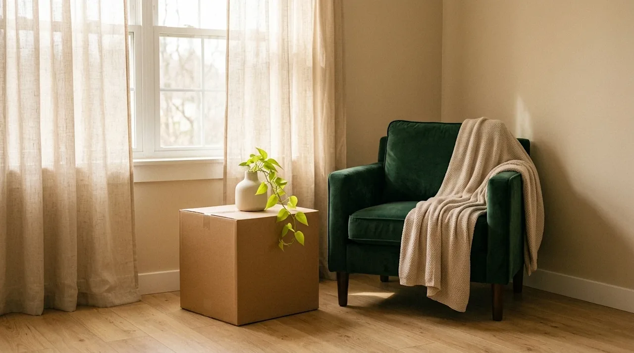 Candid lifestyle photography of a serene, beautifully decorated living room bathed in soft, warm natural sunlight. The space