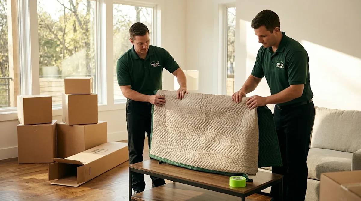 Professional marketing photography of two movers safely preparing a large flat-screen television for transport in a bright, m