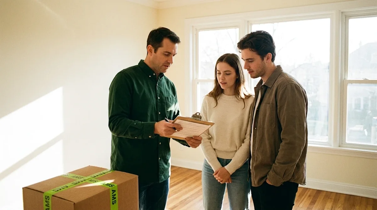 A professional home inspector and a young couple discussing details over a clipboard.