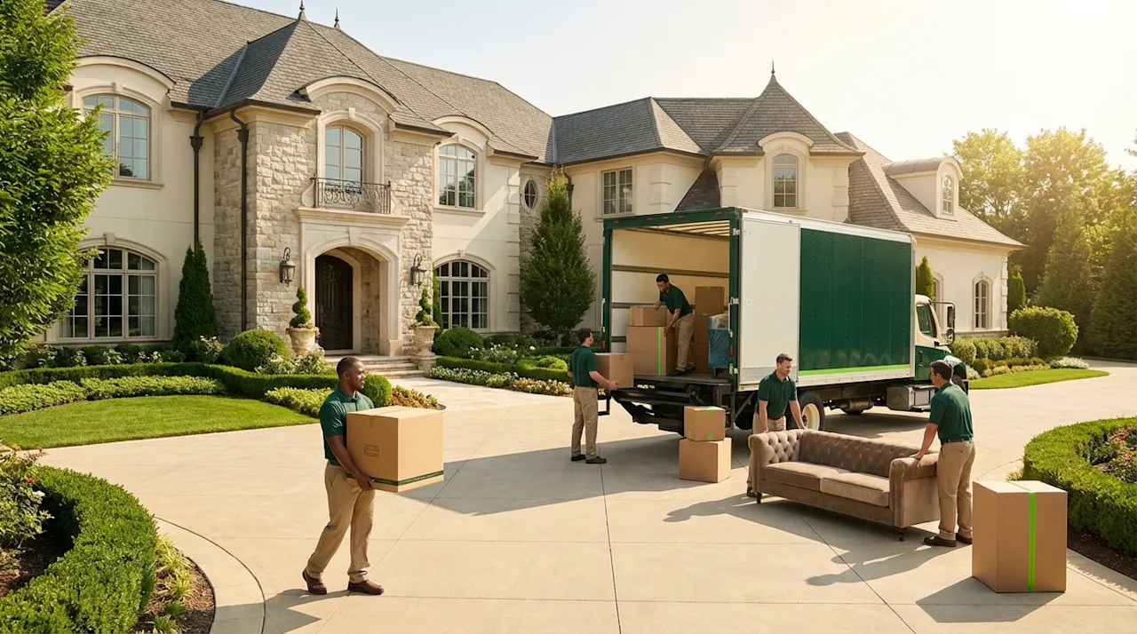 Professional movers in forest green uniforms loading high-end boxes into a truck at a luxury mansion estate.