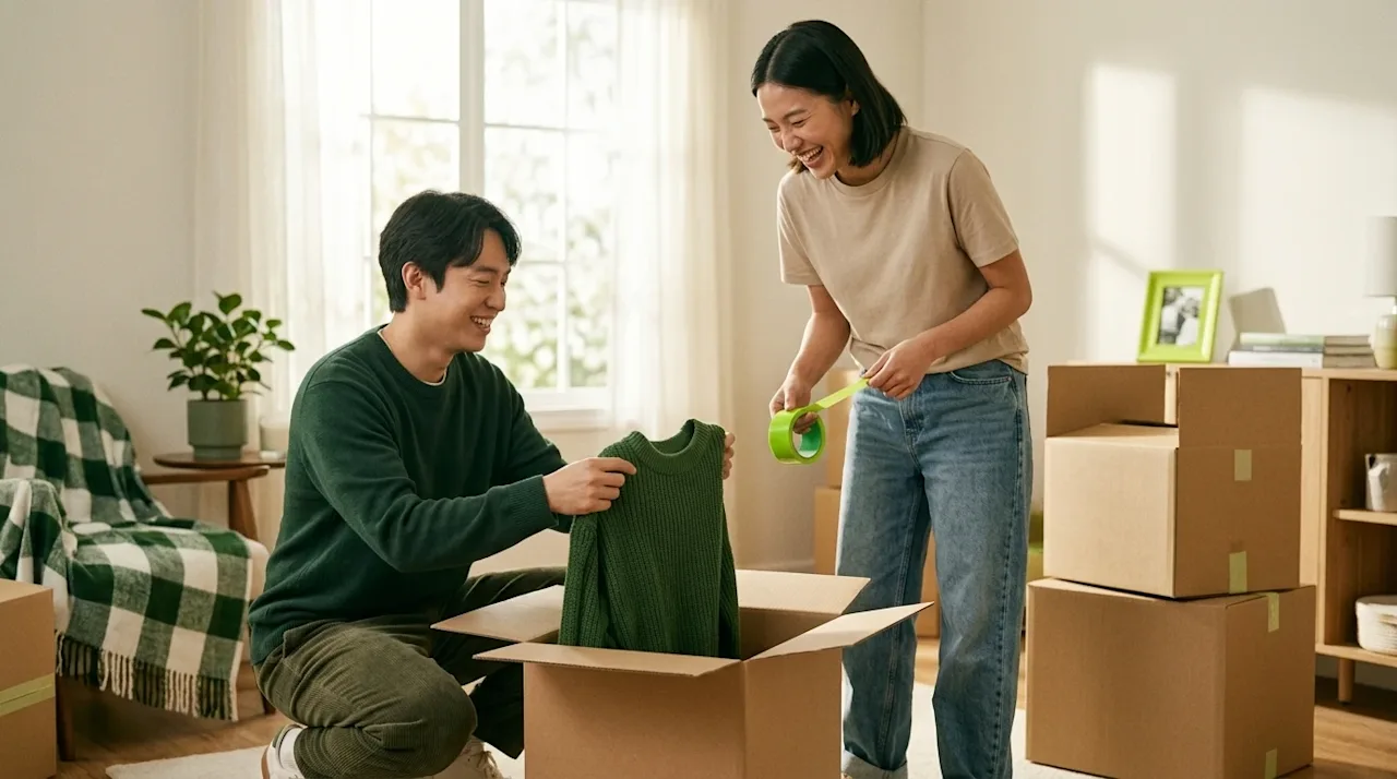 A happy couple packing a green sweater into a cardboard box while moving into a new home.