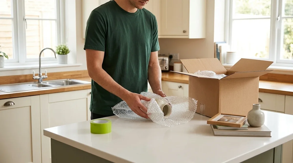 Professional marketing photography of an organized, stress-free packing scene in a warm, well-lit home interior. A person wea