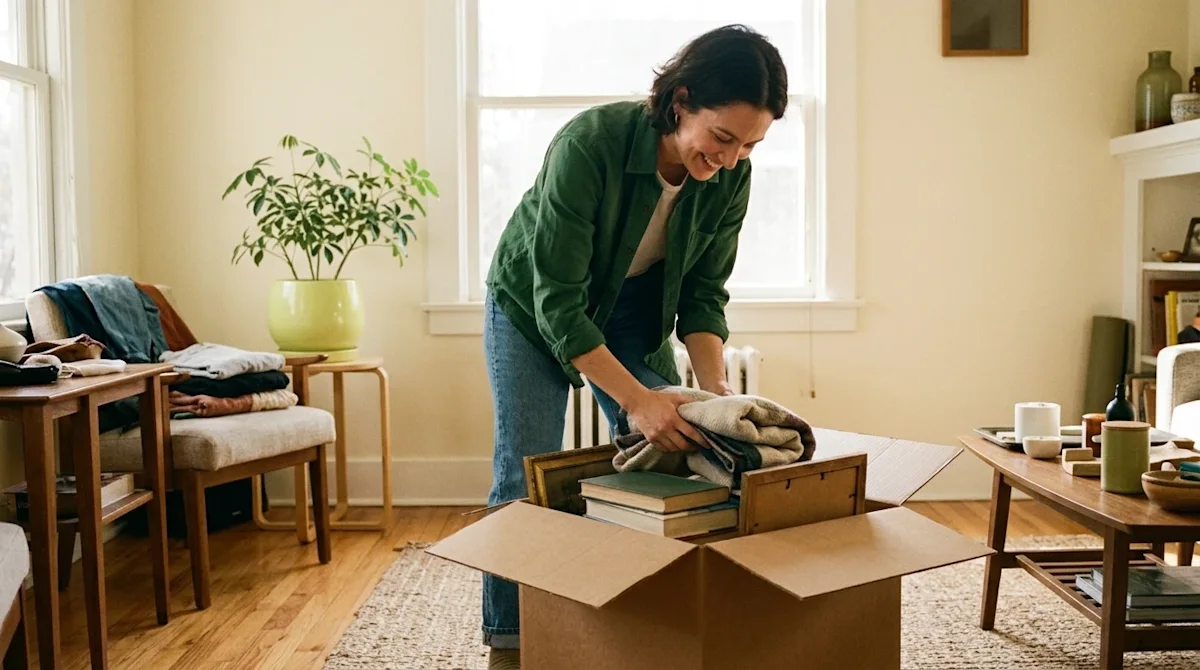 A candid, documentary-style lifestyle photograph shot on 35mm film showing a person happily decluttering a cozy, well-lit liv
