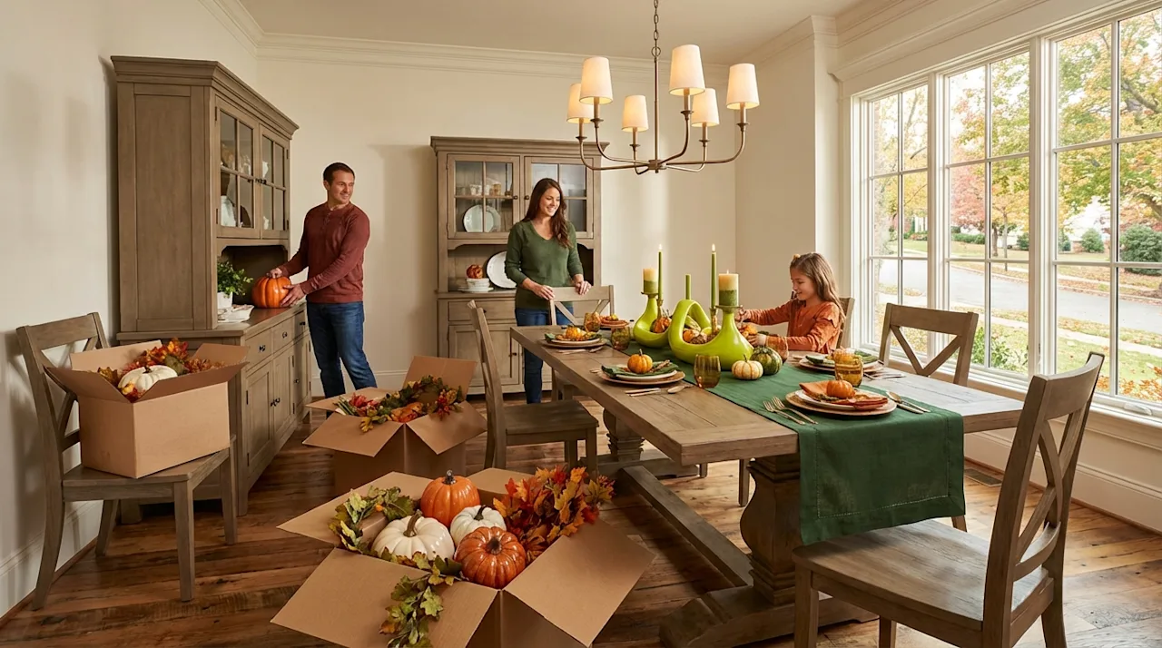 A family decorates their new dining room for Thanksgiving with pumpkins and autumn décor from open moving boxes.