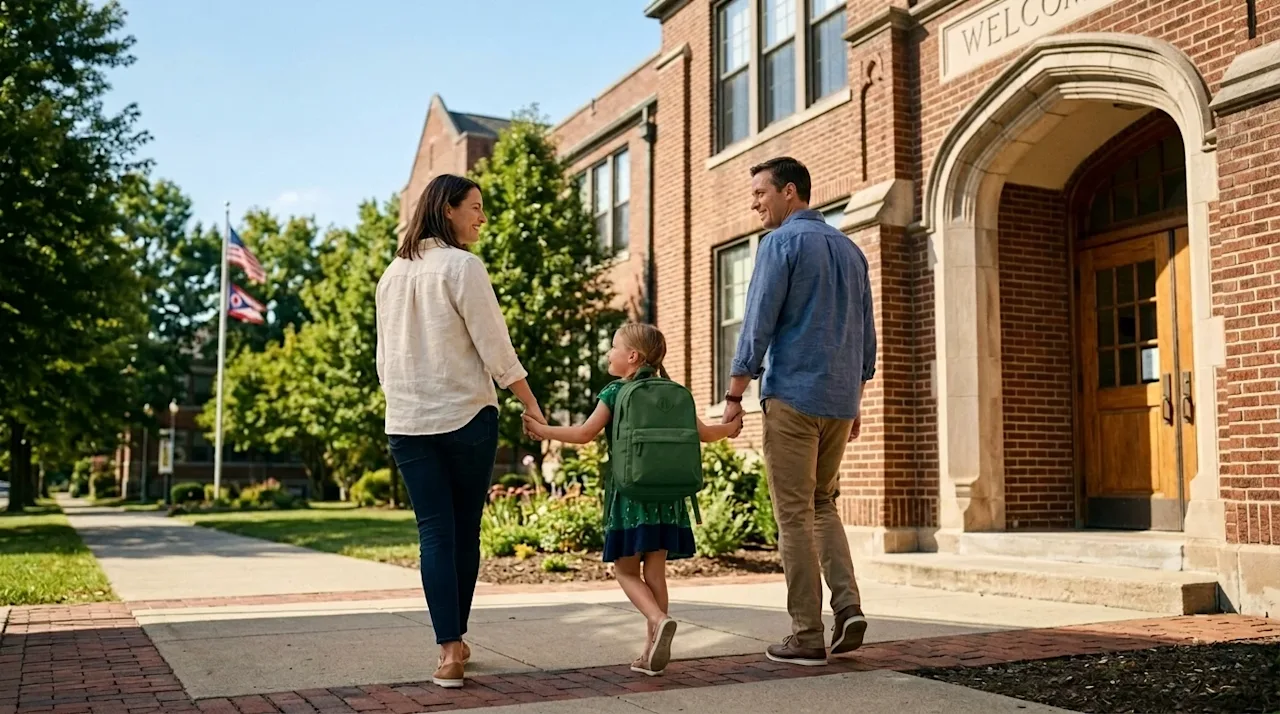 Professional lifestyle photography of a happy family consisting of two parents and a young child walking together toward a cl