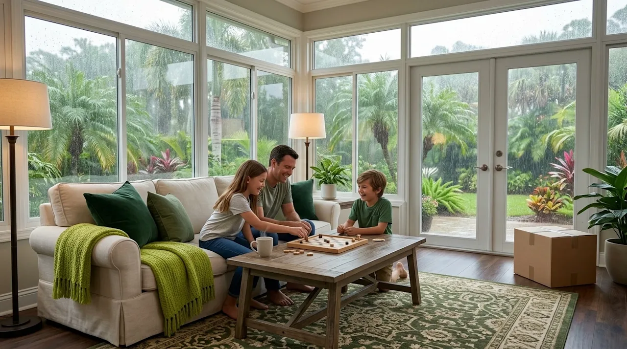 Professional marketing photography of a cozy, relaxing rainy day indoors in a beautiful Fort Myers home. A happy family is si