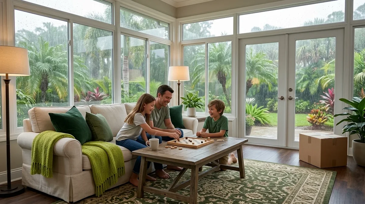 Professional marketing photography of a cozy, relaxing rainy day indoors in a beautiful Fort Myers home. A happy family is si