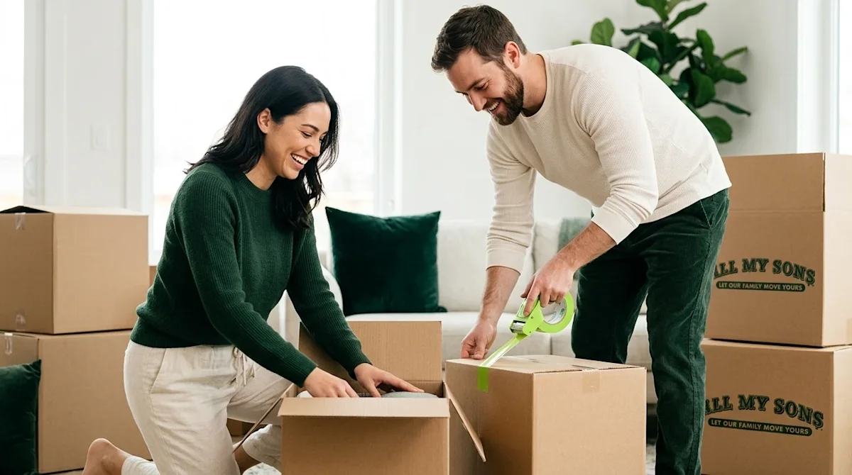 A high-quality, candid lifestyle photograph of a smiling couple effortlessly packing for a move in a bright, modern living ro