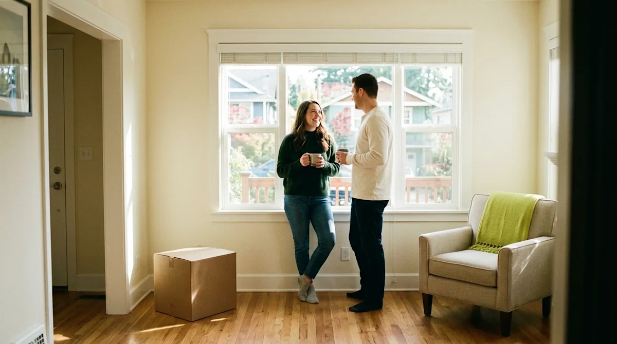 Candid 35mm film photography of a happy couple relaxing in the bright, airy living room of their newly purchased home, illust