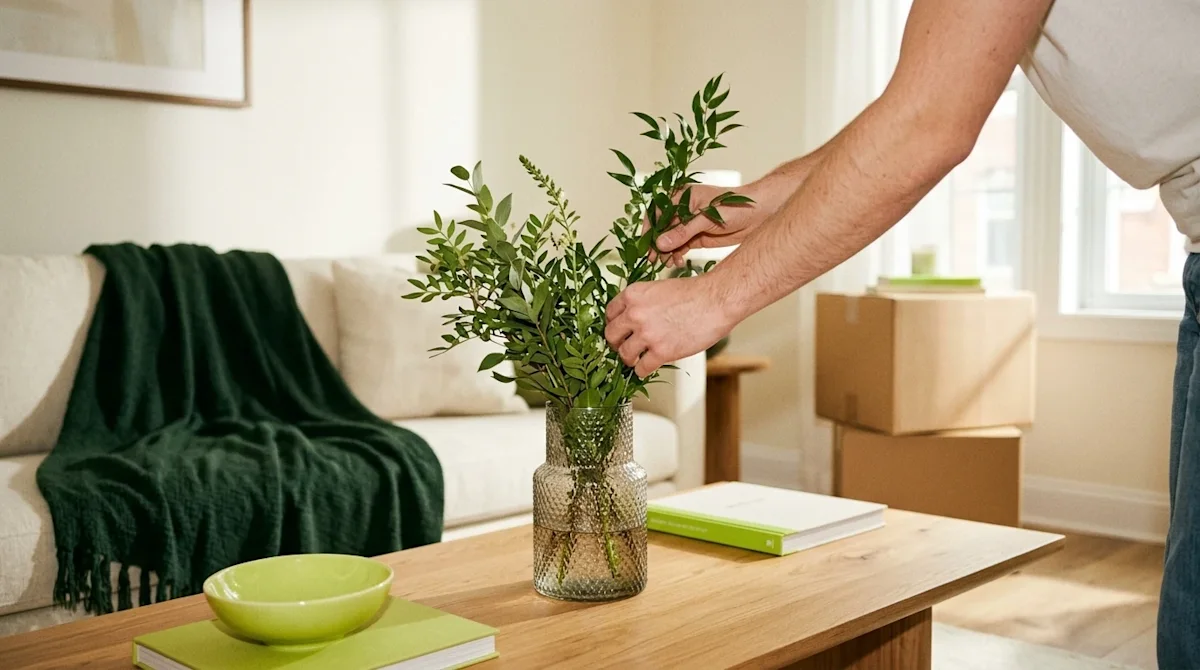 Candid 35mm film photography of a bright, beautifully staged living room designed to make the home look highly appealing. A p
