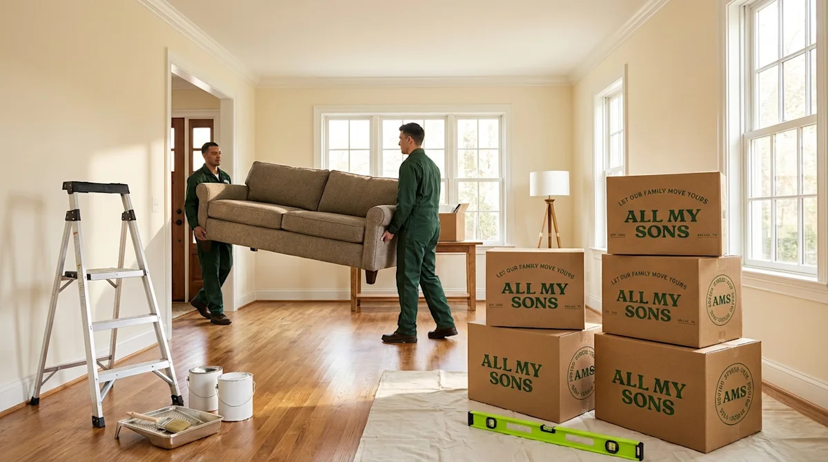 Professional movers carrying a sofa in a sunlit living room with stacked moving boxes and home improvement tools.