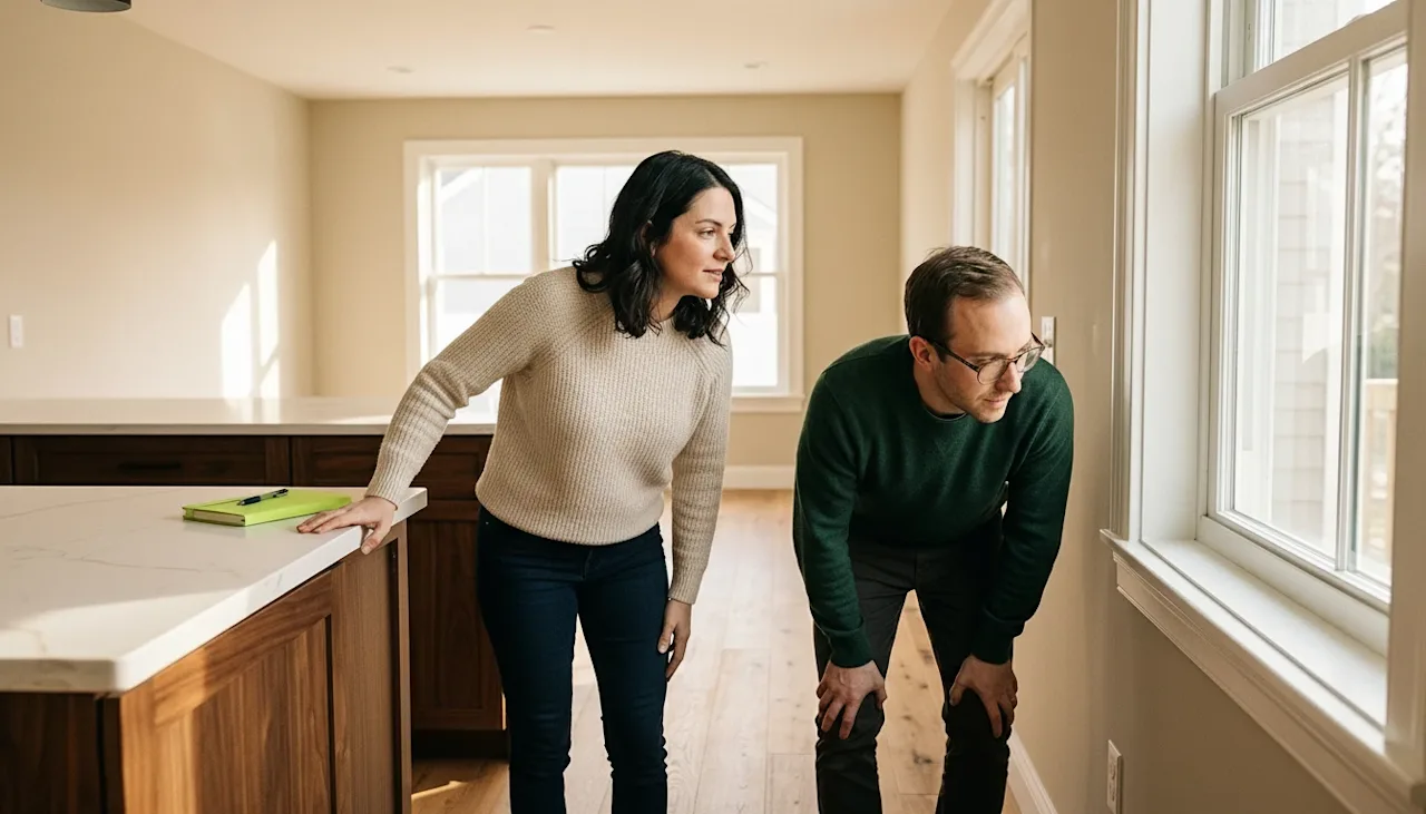 A couple inspecting kitchen cabinets and windows in a bright new home, reflecting on quality and architectural details.