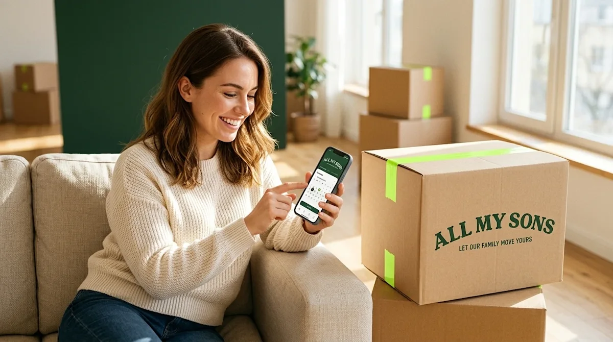 A happy woman holding a smartphone app to schedule her move, sitting by All My Sons moving boxes in a sunlit home.