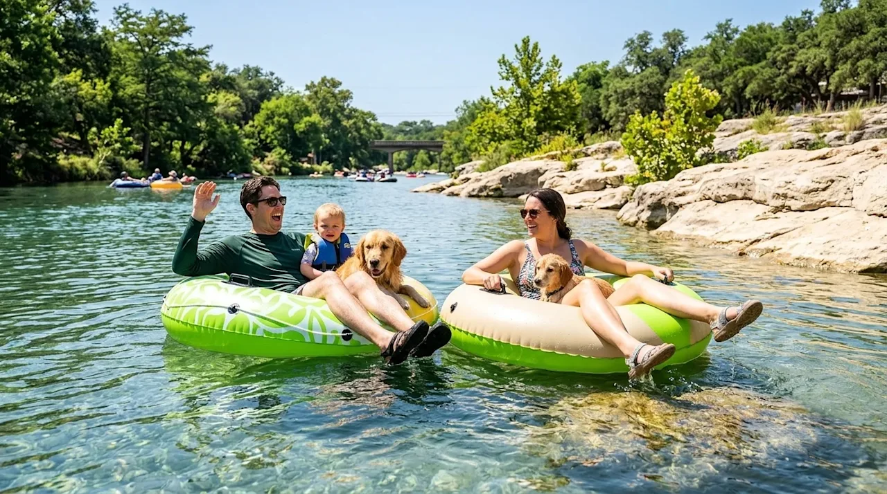 Clear and professional marketing photography of a joyful family enjoying a sunny day tubing down a vibrant, clear river, repr