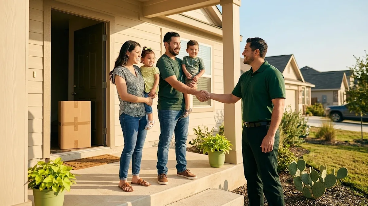 Professional marketing photography of a happy, relaxed family standing on the front porch of a sunlit suburban home in South