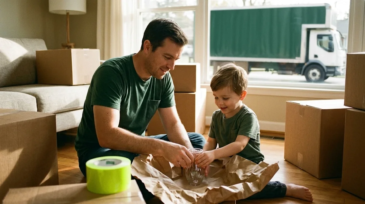 A candid, lifestyle 35mm film photograph of a father teaching his young son how to carefully wrap a fragile item in brown kra