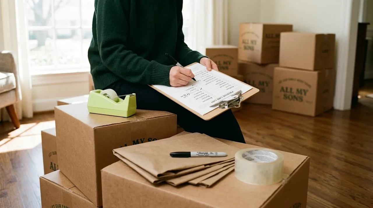 A warm, candid lifestyle photograph of a person checking off a detailed packing list on a clipboard, resting on a neatly stac
