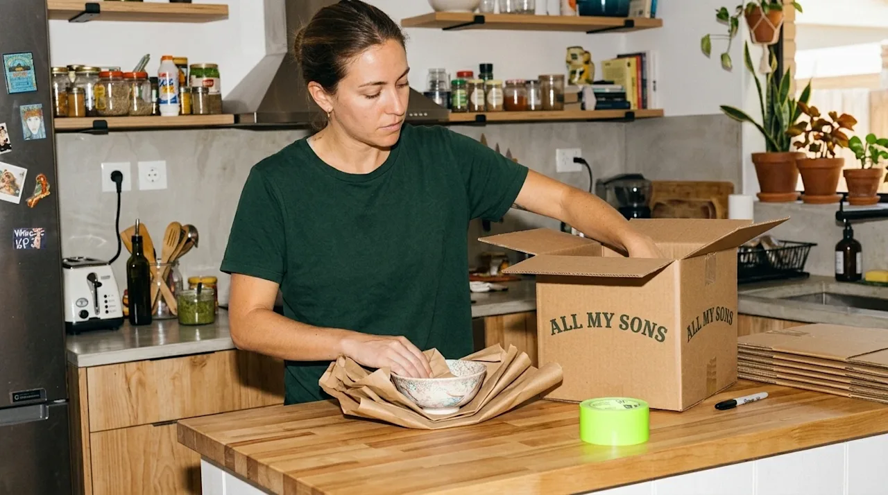 A candid, lifestyle 35mm film photograph of a person carefully wrapping a fragile ceramic bowl in protective brown packing pa