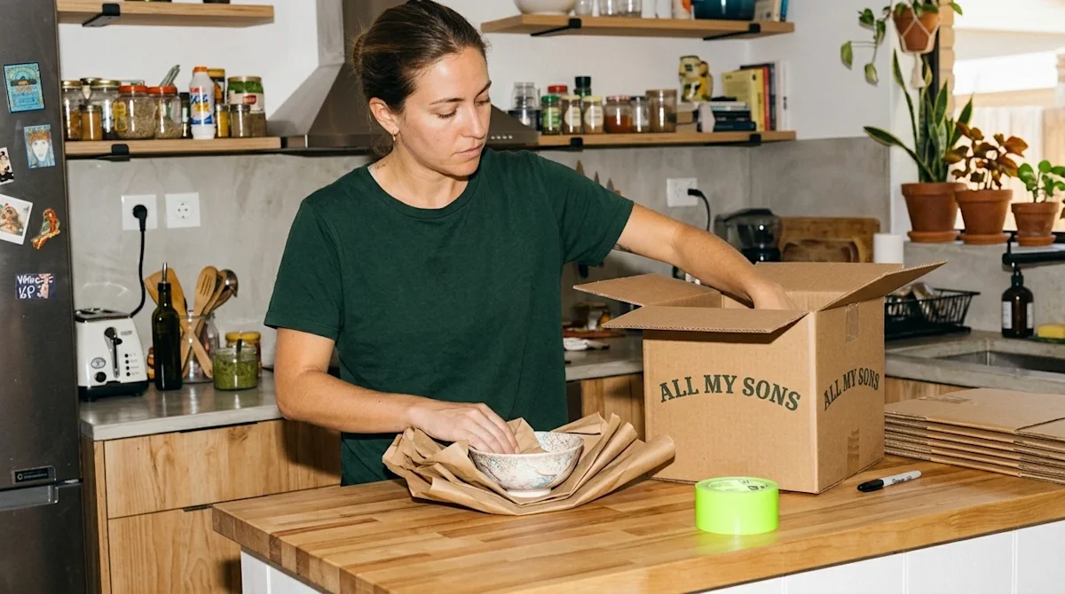 A candid, lifestyle 35mm film photograph of a person carefully wrapping a fragile ceramic bowl in protective brown packing pa