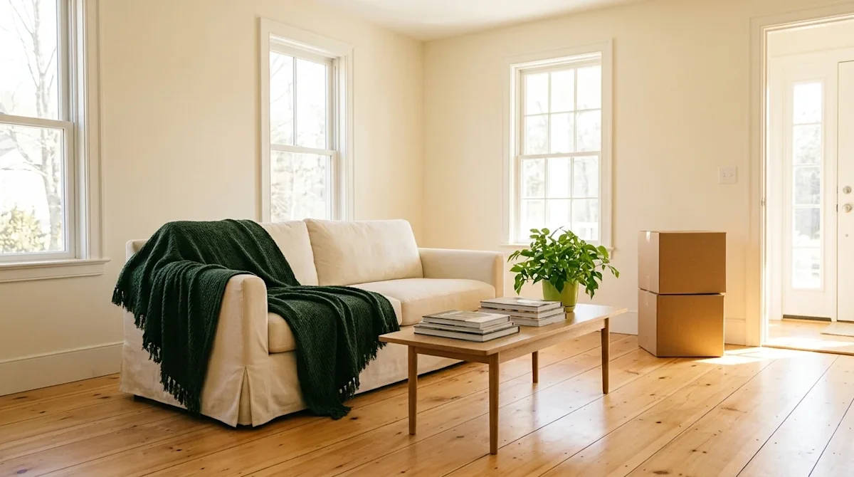 Editorial interior photography of a beautifully staged, bright, and airy living room prepared for a real estate showing. The