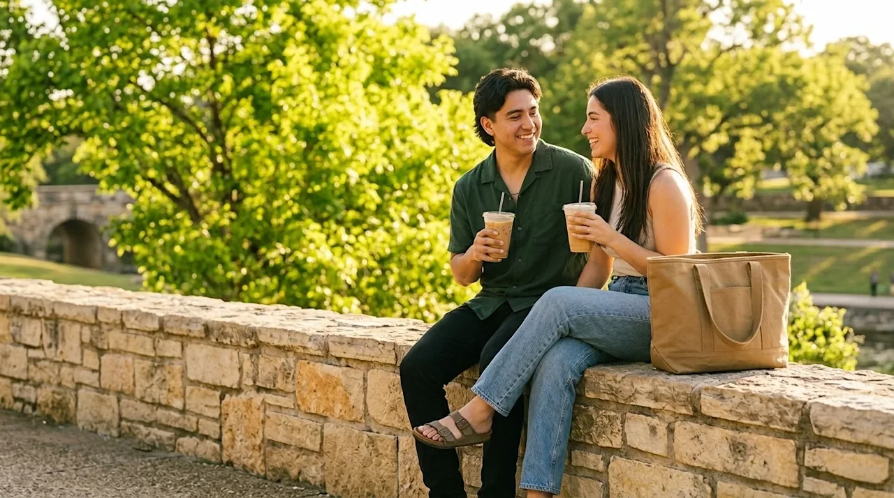 Clear, professional marketing photography of a happy, relaxed young couple unwinding outdoors after a recent move, enjoying a