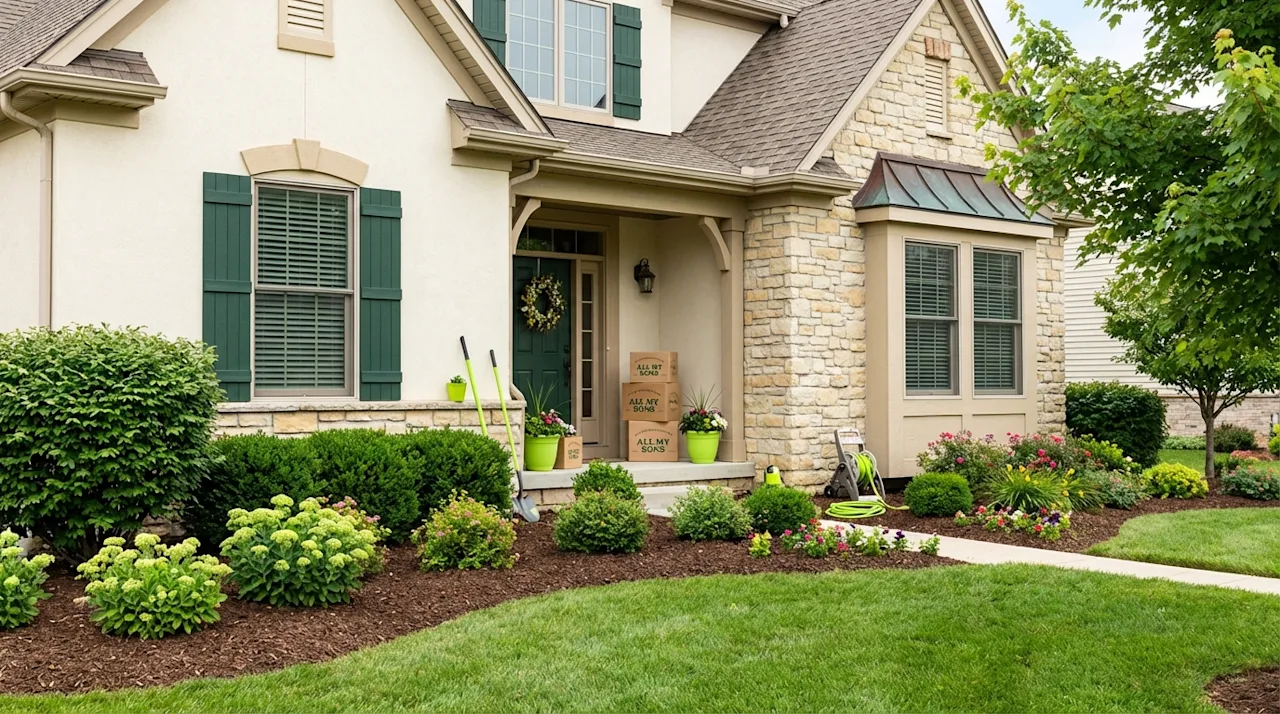 Pristine lawn and garden at a new home with moving boxes stacked on the front porch.