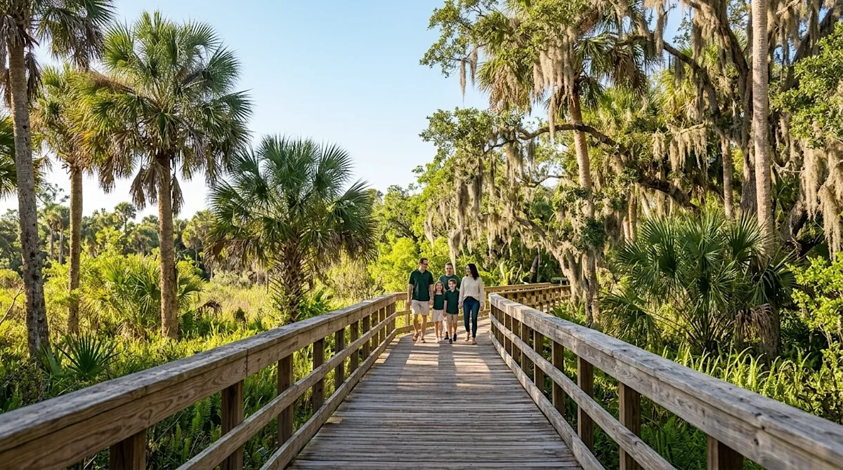 Professional marketing photography, wide hero image for a blog. A picturesque, sunlit nature preserve in Fort Myers, Florida.