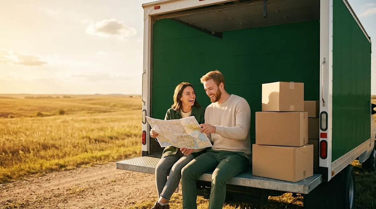 A candid, realistic 35mm film photograph of a happy couple taking a break from moving, sitting on the open back tailgate of a