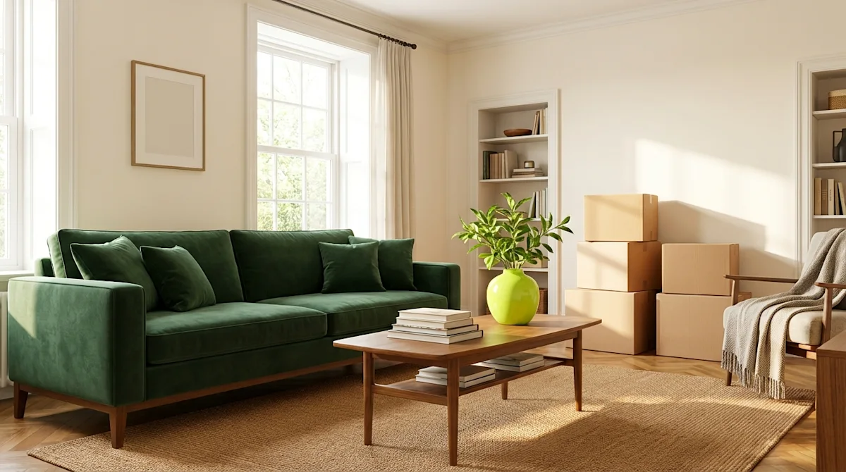 Cozy living room with a green velvet sofa, tan rug, and stacked moving boxes in a sunlit home after a successful move.