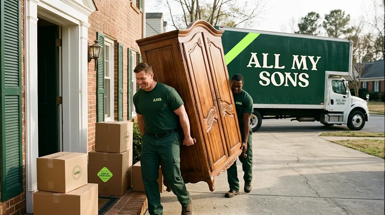 A high-quality, candid photograph capturing a stress-free moving day. Two professional movers wearing dark forest green unifo