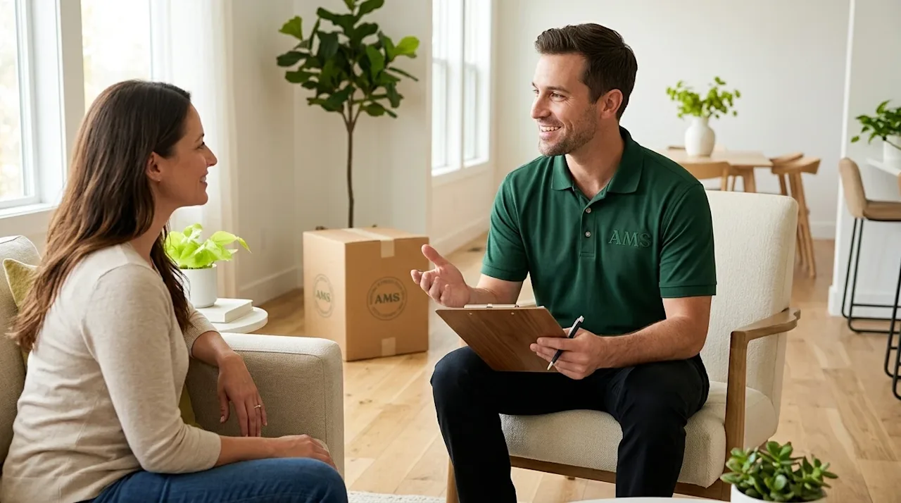 Professional marketing photography of a friendly moving company consultant answering questions for a homeowner in a bright, m