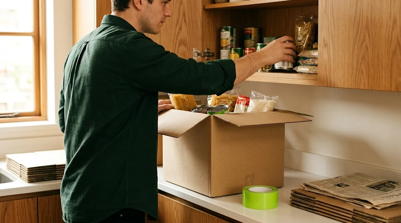A candid, authentic lifestyle photograph of a person emptying a home kitchen pantry before moving. The scene shows the person
