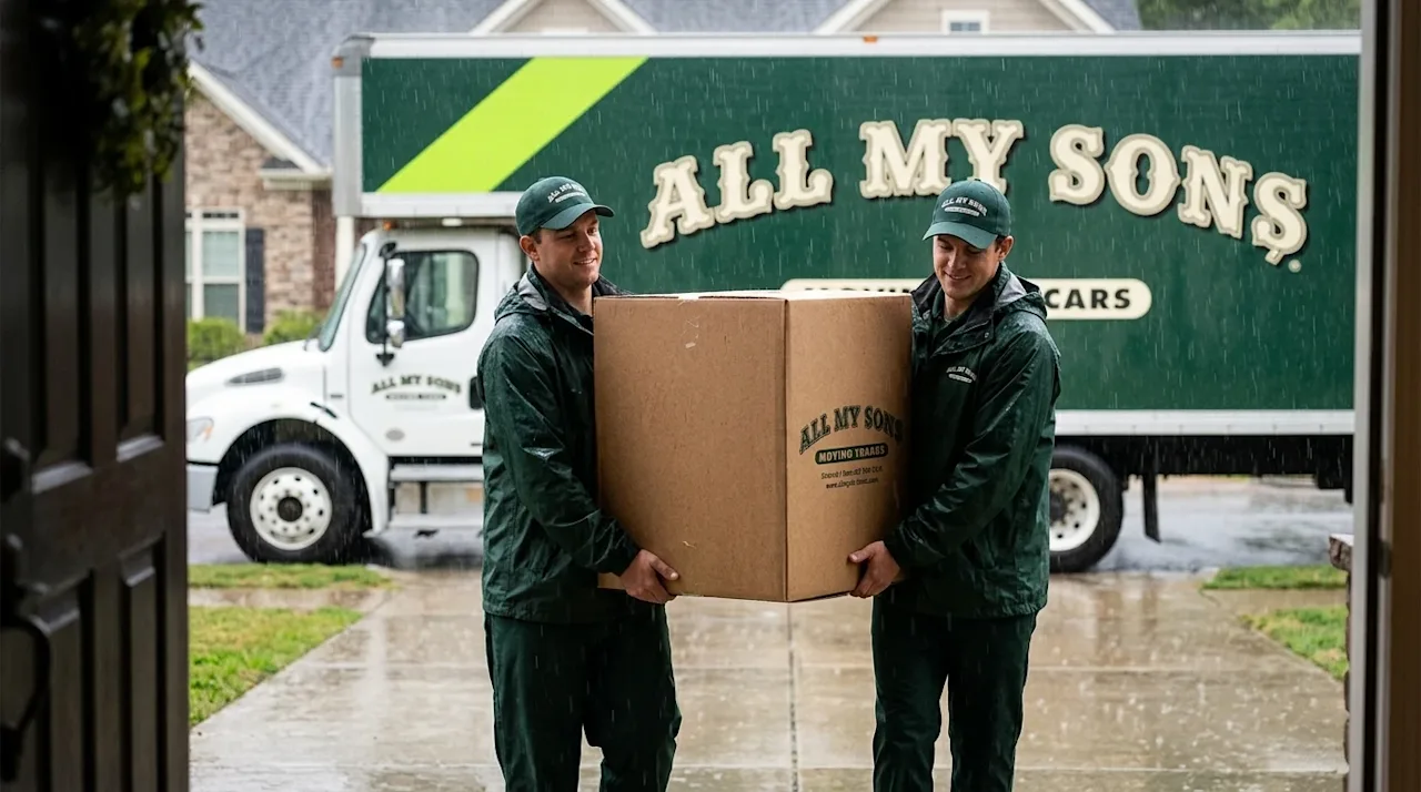 A photorealistic, candid lifestyle photograph of two professional movers carefully carrying a large, heavy-duty brown cardboa