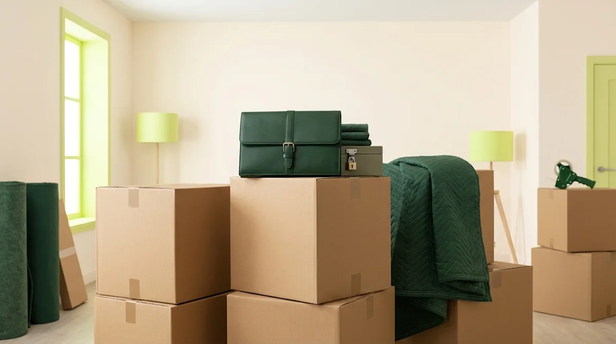 Secure packing scene with moving boxes and a green document folder in a bright, modern home for professional relocation.