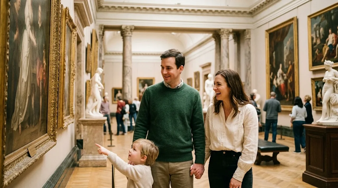 A candid, authentic lifestyle photograph of a happy family exploring a grand, classic museum. The family, consisting of a fat