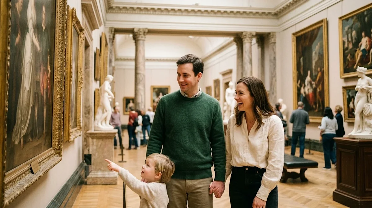 A candid, authentic lifestyle photograph of a happy family exploring a grand, classic museum. The family, consisting of a fat