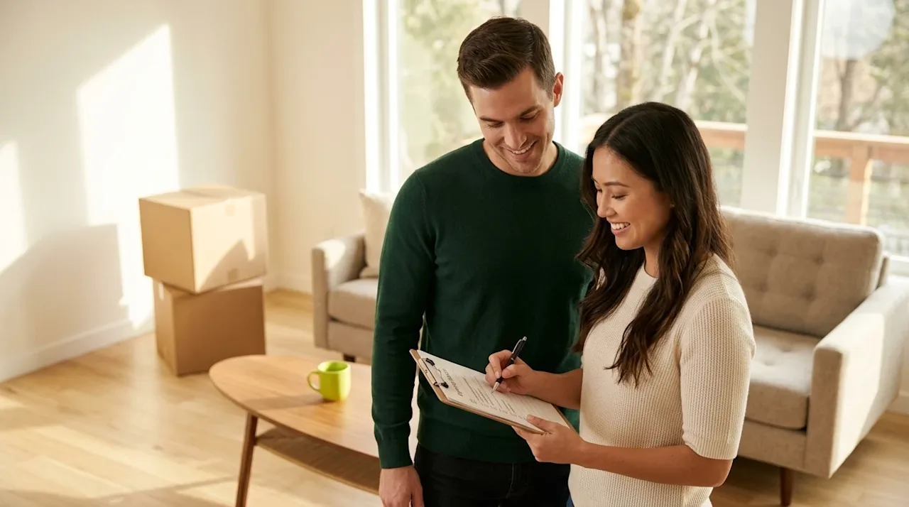 Professional marketing photography of a relaxed, smiling young couple standing in a brightly lit, modern living room, looking