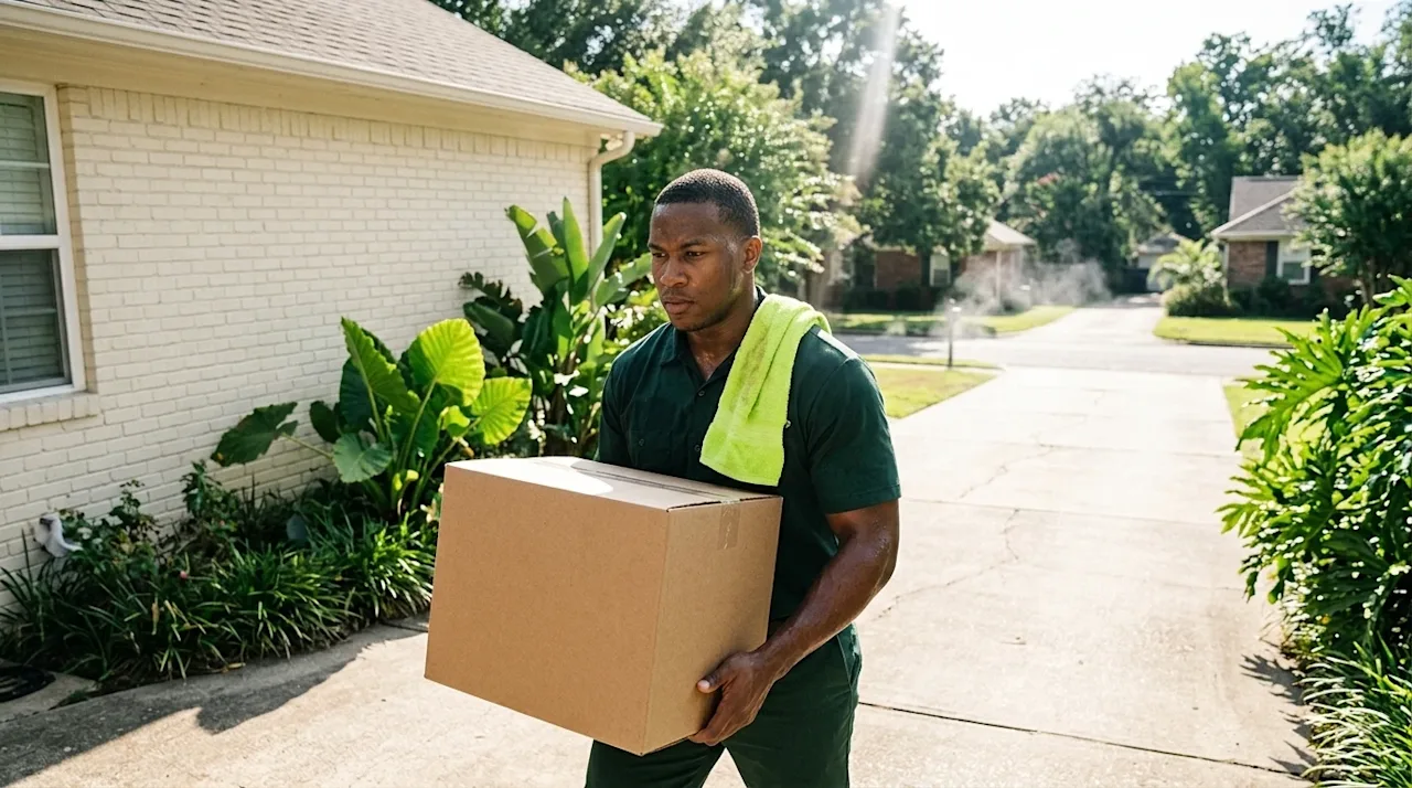 Professional marketing photography of a challenging summer moving day in a humid Southern residential neighborhood. A profess