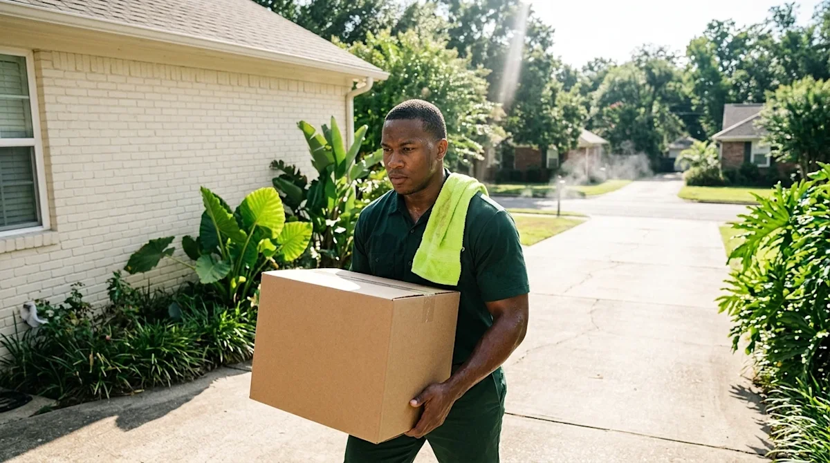Professional marketing photography of a challenging summer moving day in a humid Southern residential neighborhood. A profess