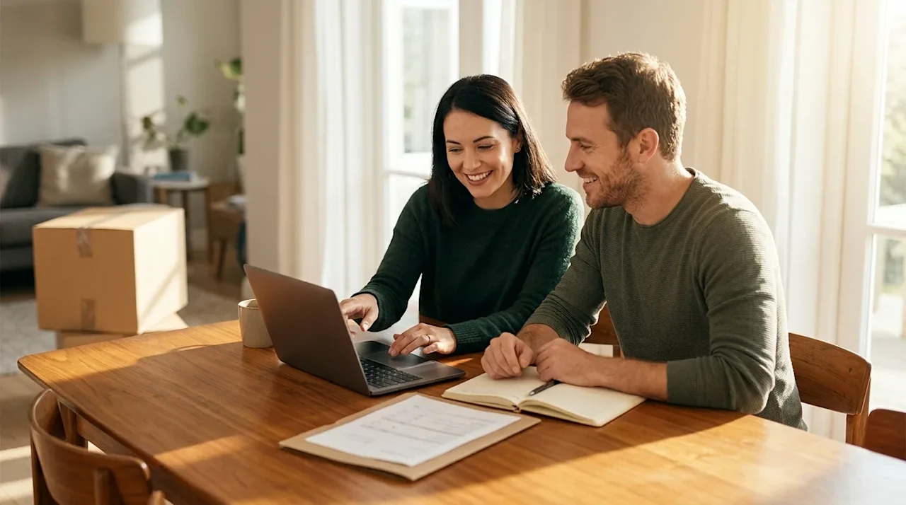 Clear and professional marketing photography of a smiling, relatable couple sitting at a wooden dining table in a bright, war