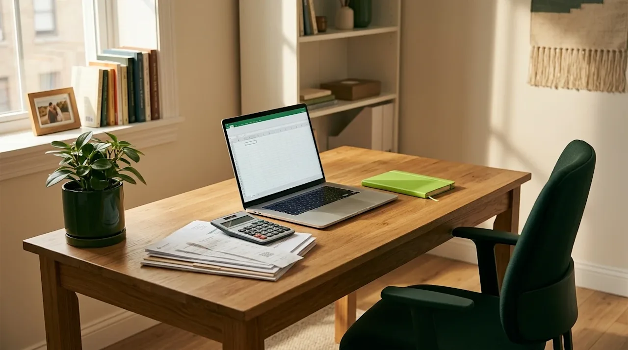 Clear and professional marketing photography of a well-organized and inviting home office space, designed to illustrate home