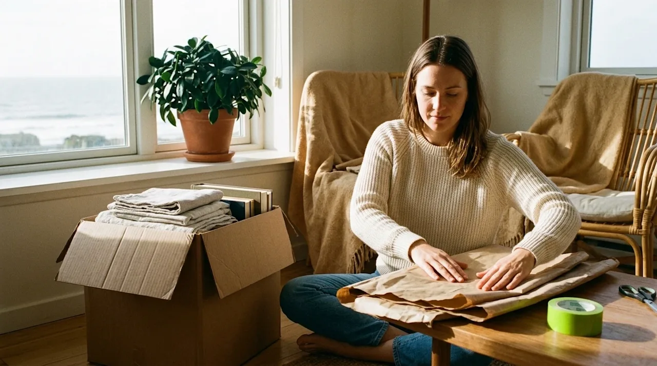 A candid lifestyle photograph shot on 35mm film showing a person creatively reusing moving supplies in a bright, sunlit coast