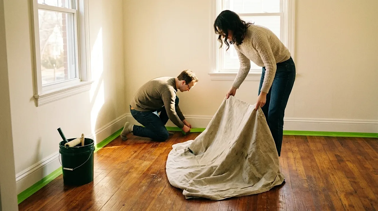 Documentary-style photography of a young couple preparing an unfurnished living room for a new coat of paint. The scene captu