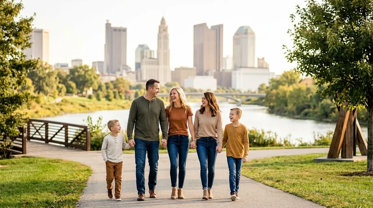 High-quality lifestyle photography of a joyful family walking and laughing together in a scenic, sunlit park along the Scioto